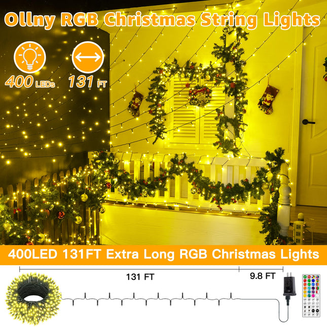 Ollny RGB Christmas Lights 400 LEDs 131 FT, 130 Modes Color Changing Christmas Tree Lights with Remote, Timer & Waterproof, Outdoor Christmas String Lights for Year-Round House Decorations