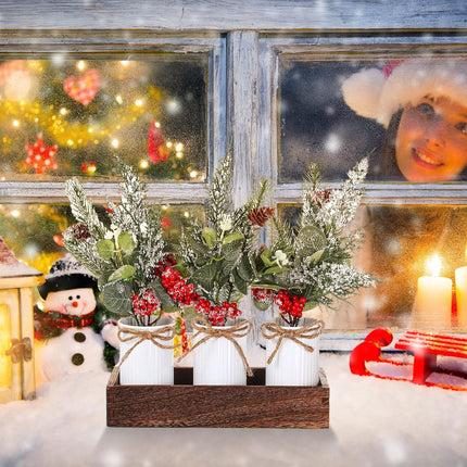 Yunlly Christmas Centerpieces Red Berry Christmas Artificial Pine Cone Snow Branches Picks with Wood Box for Rustic Farmhouse Winter Christmas Table Mantel Decoration