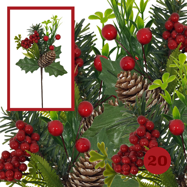 BANBERRY DESIGNS Holiday Christmas Berry Picks - 10 Pieces – Flexible Greenery Snow Tipped Pinecone Red Berries 9" L