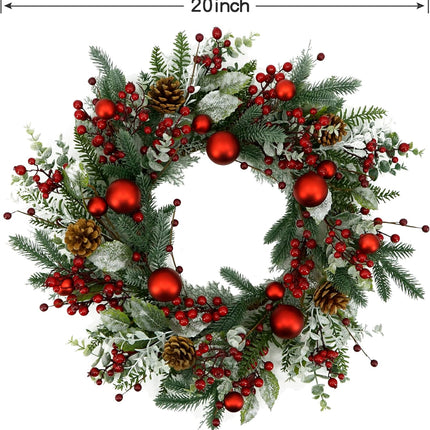 20 inch Artificial Christmas Wreath Winter Wreath with red Ball,red Berry,Pine Needles for Indoor Outdoor Farmhouse Home Wall Window Festival Wedding Decor