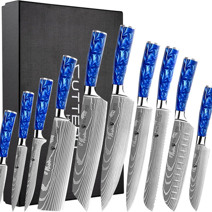 10 Pcs Set Sky Knives Santoku Nakiri Chef Kitchen Knife Blue Handle Stainless Steel