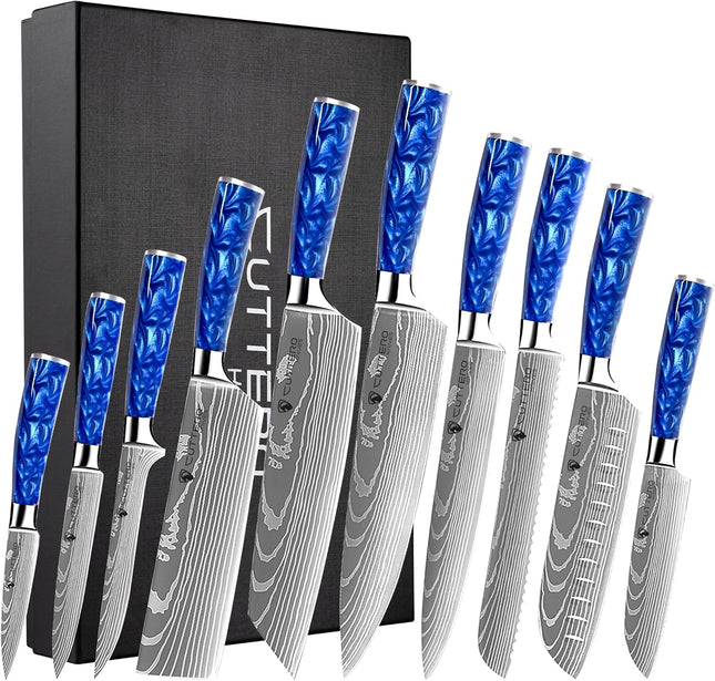 10 Pcs Set Sky Knives Santoku Nakiri Chef Kitchen Knife Blue Handle Stainless Steel