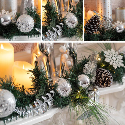 Valery Madelyn 6 feet Pre-Lit Christmas Garland with Lights for Mantle, Lighted Battery Operated Xmas Garland with Silver White Balls Snowflake for Front Door Fireplace Table Centerpiece Outdoor Decor