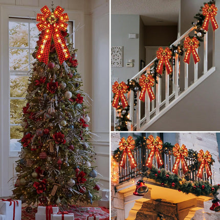 Hiboom 2 Pcs Lighted Large Christmas Bows Decoration, 20 x 12'' Red Black Plaid Burlap Wreath Bow with Berries Hazelnuts Bells Pine Needles Ornament for Christmas Party Front Door Fireplace Wall Decor