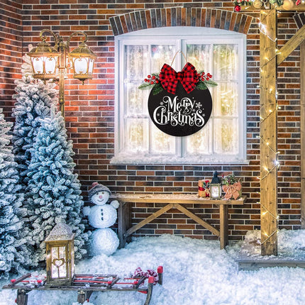 Whaline Merry Christmas Wooden Hanging Sign Door Decoration Wreath Buffalo Plaid Bow Welcome Sign for Home Indoor Outdoor Wall Window
