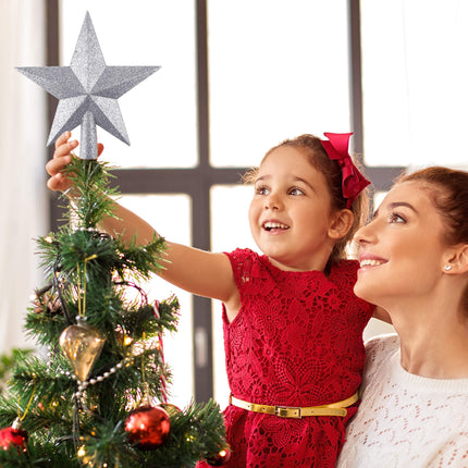 FEPITO Glitter Star Mini Christmas Tree Topper Shatter-Proof Small Christmas Tree Decoration Treetop for Holiday Ornament or Home Décor (Silver, 4.3 inches)