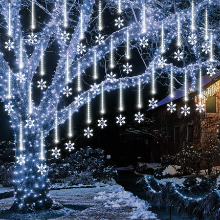 Enhon 2 Pack Meteor Shower Snowflake Lights Outdoor with Timer, Total 480 LED 12in 16 Tube Connectable Waterproof Meteor Rain Drop Christmas Light with Snowflake for Xmas Tree Roof Garden(Blue)
