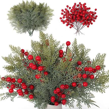 40Pcs Christmas Artificial Pine Needles Branches Red Holly Berry Stems, Artificial Cedar Sprigs Pine Leave Needles,Greenery Pine Stem Picks for DIY Xmas Garland Wreath Christmas Tree Home Garden Decor