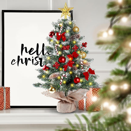 Sggvecsy 23.6’’ Mini Snow Frosted Christmas Tree Table Top Lighted Artificial Xmas Tree Star Treetop Pine Cones Red Bows Balls Candy Canes Red Berries Hanging Ornaments DIY Holiday Indoor Decorations