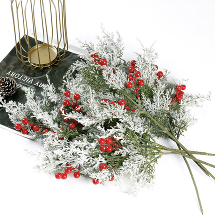 Sggvecsy 6 Pack Snowy Artificial Pine Branches Frosted Faux Cedar Spray with Red Berries 19’’ Greenery Cedar Picks Christmas Cedar Stems for DIY Garland Wreath Xmas Embellishing Garden Home Decoration