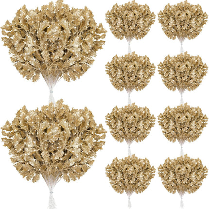 Crowye 60 Pcs Christmas Glitter Leaves Holly Leaves 15" Artificial Holly Leaf Picks Glitter Stems for Christmas Tree DIY Xmas Wreath Garland Home Decor (Gold)