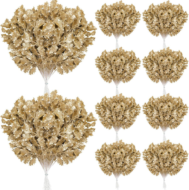 Crowye 60 Pcs Christmas Glitter Leaves Holly Leaves 15" Artificial Holly Leaf Picks Glitter Stems for Christmas Tree DIY Xmas Wreath Garland Home Decor (Gold)