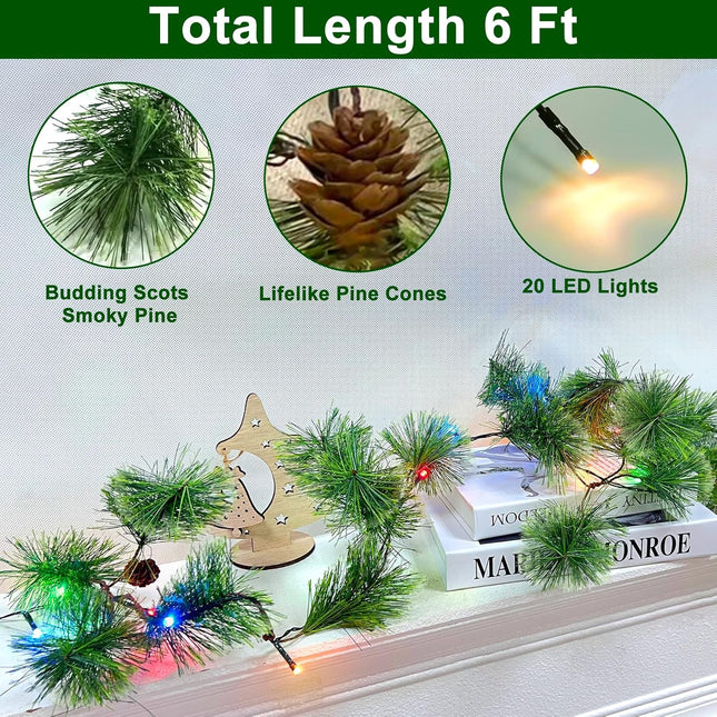 Dual Color Change & Timer 6 Ft Smokey Christmas Garland Cedar Garland Natural Pine Garland Prelit Christmas Garland with 20 Warm White & Colored Change Lights 8 Modes Pinecones Xmas Garland for Mantle
