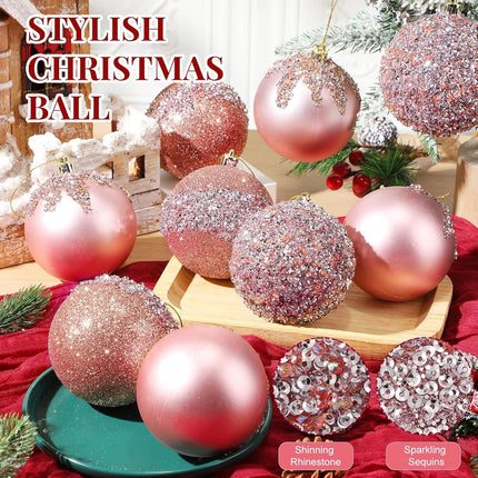 Syhood 12 Pieces Glitter Christmas Ball Ornaments Rhinestone Sequin Christmas Ball Decorations Hanging Plastic Balls for Xmas Trees Wedding Party Holiday Decorations (Rose Gold,3.15 Inch)