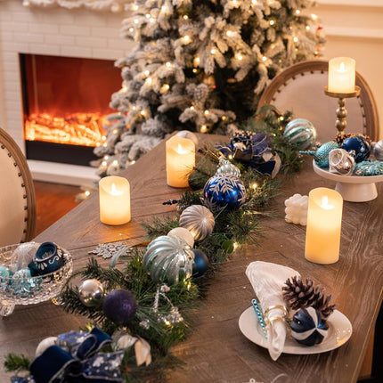 Valery Madelyn 9 feet Pre-Lit Christmas Garland with Lights for Mantle, Lighted Battery Operated Xmas Garland with Silver Blue Balls Ribbons for Front Door Fireplace Table Centerpiece Outdoor Decor