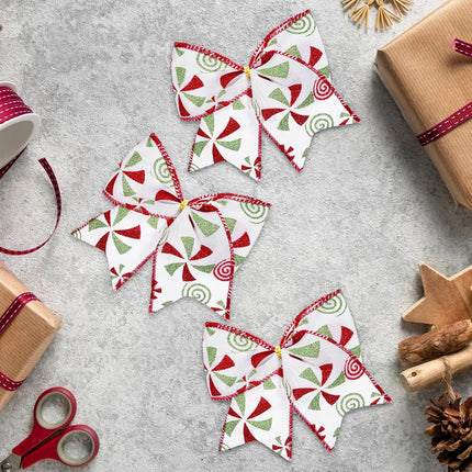 12 Pcs Red Green Christmas Bows, 5.9“ Christmas Tree Candy Wreaths Bows, Xmas Elf Tree Dot Bows Peppermint Garland Ribbon Ornaments Santa Decorations for Home Party Crafts Wrap(White)