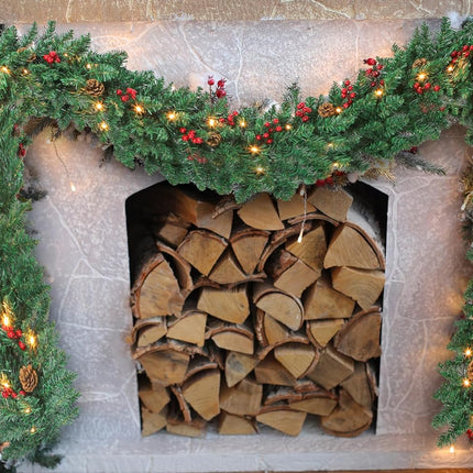 9 Ft Christmas Garland with Lights Battery Operated for Outdoor Indoor Decoration- Prelit Artificial Xmas Garland Decored with Pine Cones Berry for Home Stairs Fireplace
