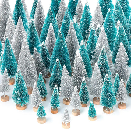 Geetery 100 Pcs Mini Christmas Trees Mini Sisal Snow Frost Trees with Wood Base Bottle Brush Trees 5 Sizes Plastic Winter Snow Ornaments Tabletop Trees for Christmas Decoration and Display