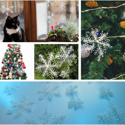 63 Pieces 4 Sizes White Christmas Snowflake Decorations Snowflake Ornaments Garland, 8 Meters White Strings and 60 Pieces Round Double Side Tape for Home Christmas Holiday Party Decorations