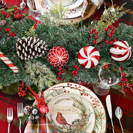 Red and White Christmas Garland 6Ft Christmas Garland Ornaments with 15 Balls, 3 Pinecones, 3 Candy Canes, Doorway Garland Christmas Decorations for Fireplace Mantel Staircase Front Door Porch Holiday