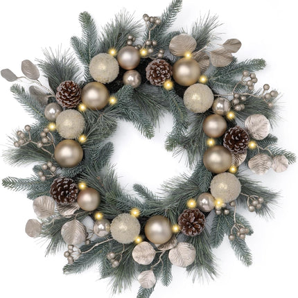 Valery Madelyn 20 Inch Pre-Lit Christmas Wreath for Front Door with Lights, Large Lighted Christmas Wreath with Champagne Gold Xmas Balls for Fireplace Window Outdoor Table Centerpiece Home Decoration