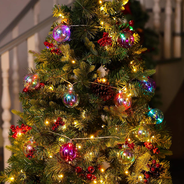 Amooca Christmas Balls Ornaments Hanging Garland Decorations with LED Lights 20pc 12.2ft for Window Wall Stair Railing Xmas Tree Holiday Party Home Decor Colorful Rainbow Round Balls