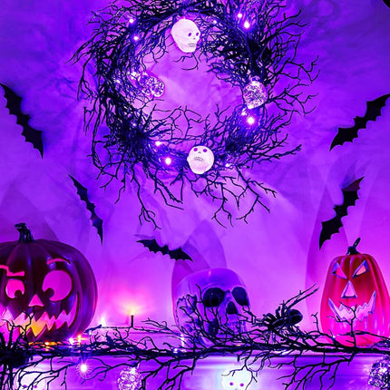 Brightown Halloween Decorations Garland with Lights, 6 Feet 20 LED Purple Lights Vine Garland Lights with Spider, Skull, Battery Operated Halloween Lights for Fireplace Mantle Wall Table Door