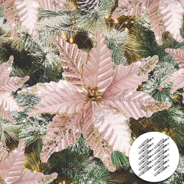 12 Pcs Christmas Glitter Fabric Poinsettia 10 Inch Artificial Christmas Flower with Clips Large Head Christmas Tree Ornaments Faux Xmas Flower with Stems for Wedding Party (Rose Gold)