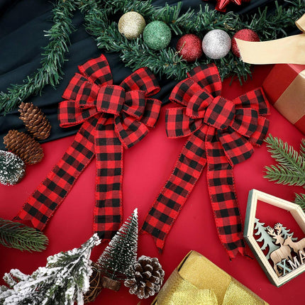 6 Counts Buffalo Plaid Bow Halloween Thanksgiving Christmas Wreath Bow 10 Inch Fall Bow for Christmas Tree Crafts DIY Bow Decoration (Red and Black)