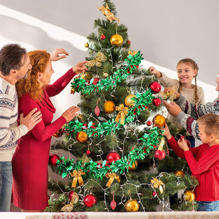 Christmas Tinsel Garland Decorations Green Metallic Garland with Red Berries Leaves Christmas Tree Tinsel Garland Green Metallic Garland for Christmas Tree Ceiling Hanging Decoration(6 Pcs,39 Feet)