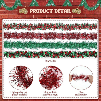 8 Pcs 52.5ft Christmas Tinsel Garland Metallic Streamers Green Red Christmas Garland Xmas Tree Tinsel Garlands Christmas Tinsel Ribbon Garlands Tinsel Twist Garland for Indoor Holiday Party Decoration
