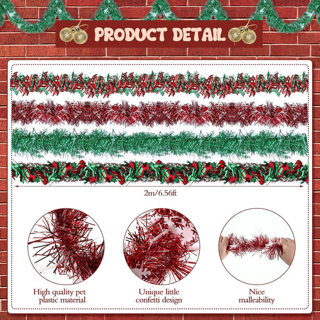 8 Pcs 52.5ft Christmas Tinsel Garland Metallic Streamers Green Red Christmas Garland Xmas Tree Tinsel Garlands Christmas Tinsel Ribbon Garlands Tinsel Twist Garland for Indoor Holiday Party Decoration