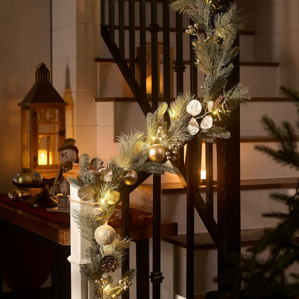 Valery Madelyn 9 feet Pre-Lit Christmas Garland with Lights for Mantle, Lighted Battery Operated Xmas Garland with White Gold Ball for Front Door Fireplace Table Centerpiece Outdoor Window Home Decor