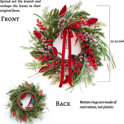 Pre-lit Christmas Wreath with Lights,Outdoor Christmas Wreaths for Front Door-22 Inch Xmas Door Wreath with Pine Needles Pine Cones and Red Berries- Farmhouse Home Christmas Decorations