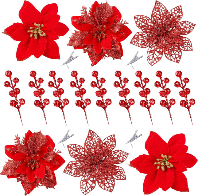 Sggvecsy 30 Pcs 3 Styles Christmas Glitter Poinsettia Flowers Artificial Berry Picks Christmas Tree Ornaments Artificial Christmas Flowers with Clips for Xmas Wedding Wreath Floral Decorations(Red)