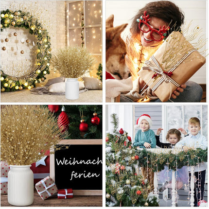 Tigeen 60 Pcs Christmas Artificial Glitter Berry Stem Decoration Bead Stick Pick 17 Inch Glittery Twig Branches for Xmas Tree Small Vase DIY Craft Wreath Home Decor Party Ornament(Gold)