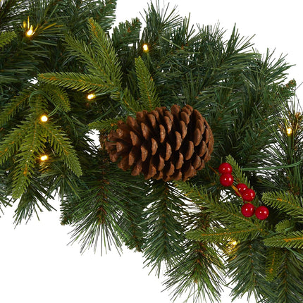 Nearly Natural 9ft. Mixed Pine Artificial Christmas Garland with 50 Clear LED Lights, Berries and Pinecones