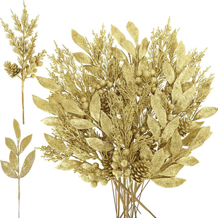 Winlyn 24 Pcs Christmas Artificial Leaf Sprays Pine Needles Pinecone Berries Stems Gold Glittered Christmas Decoration Picks 12.2"- 14.2" Tall for Gold Christmas Tree Seasonal Wreath Holiday Décor