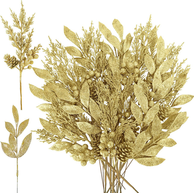 Winlyn 24 Pcs Christmas Artificial Leaf Sprays Pine Needles Pinecone Berries Stems Gold Glittered Christmas Decoration Picks 12.2"- 14.2" Tall for Gold Christmas Tree Seasonal Wreath Holiday Décor