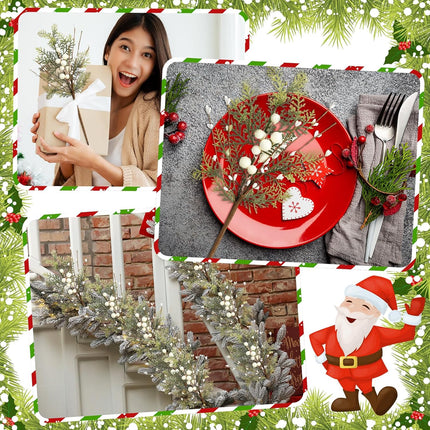 10 Pcs Christmas Floral Picks 13.7 Inch Christmas Berry Picks with Holly Berries Artificial White Berry Stems Pine Sprigs Branches Floral Arrangement for Xmas Tree Wreath DIY Holiday Decor