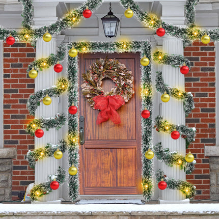 Christmas Tree Garland Set 49Ft Christmas Green Frost Tip Tinsel Garland with Lights Christmas Tree Star Topper and 24 Pack Mini Christmas Ornaments Balls for Xmas Decor Supplies