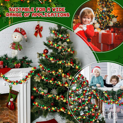 Hiboom 2 Pcs 12 Feet LED Christmas Garland Balls Ornaments Xmas Hanging Bulb Ball Garland with Lights Xmas Tree Balls Decor for Christmas Tree Fireplace Party Holiday Decor (Red, Green, Gold)