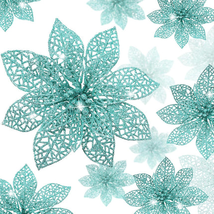 Boao 24 Pieces Christmas Poinsettia Tree Ornament Flowers Christmas Decor Glitter Ornament, 3/4/6 Inches(Blue-Green)