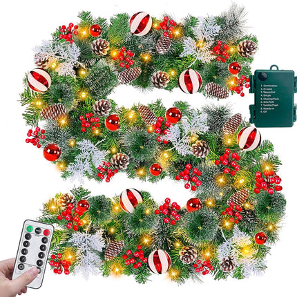 Remote Control&Timer 9 Ft Prelit Christmas Garland with 50 Warm White Lights 8 Modes Cedar Garland 6 Cypress Leaves 18 Ball 300 Snowy Tips 198 Red Berry 18 Pine Cone Christmas Decor Indoor Home Mantel