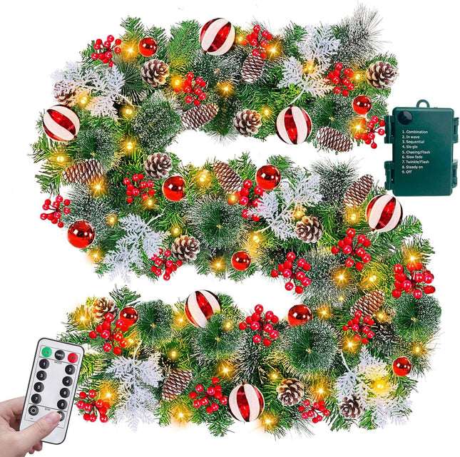 Remote Control&Timer 9 Ft Prelit Christmas Garland with 50 Warm White Lights 8 Modes Cedar Garland 6 Cypress Leaves 18 Ball 300 Snowy Tips 198 Red Berry 18 Pine Cone Christmas Decor Indoor Home Mantel