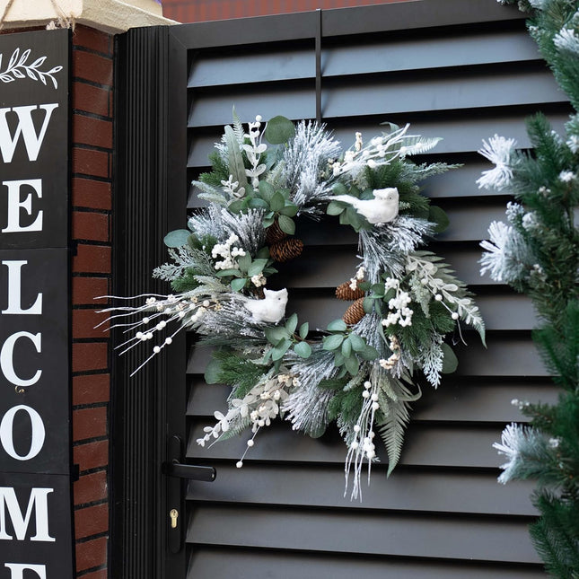 Winter Wreaths for Front Door 22 Inch Artificial Olive Eucalyptus Wreath Snowy Flocked Christmas Wreath with Cute Owl,Pine Cones,White Berries,Green Door Wreath for Indoor Outdor Decor