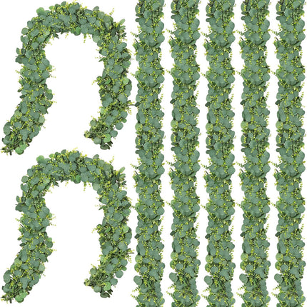 CQURE 7Pcs Eucalyptus Garland,Artificial Eucalyptus Leaves Table Greenery Garland Wreath Vines for Wedding Party Table Fireplace Bedroom Wall Room Decor
