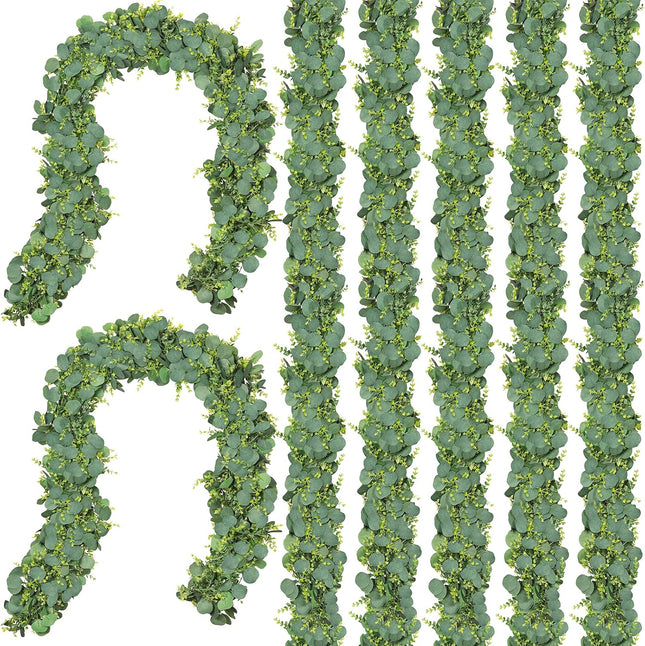 CQURE 7Pcs Eucalyptus Garland,Artificial Eucalyptus Leaves Table Greenery Garland Wreath Vines for Wedding Party Table Fireplace Bedroom Wall Room Decor