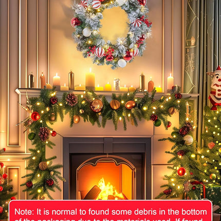Pre-Lit Artificial Christmas Wreath 24Inch, Christmas Door Decorations Wreath with 50LED Warm Lights, Christmas Balls, Pine Needles, and Red Berries for Front Door Wall Windows X-mas Ornament