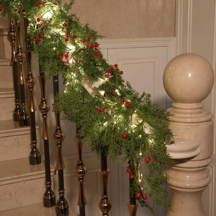 6 FT Christmas Garland with Lights for Mantle Cypress Garland with Red Berries Lighted Garland Battery Operated with Timer for Home Fireplace Christmas Decorations